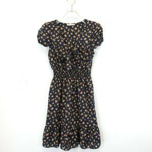 A'GACI USA Navy Blue‎ Floral Mini Dress 6 SMALL Fit & Flare V-Neck Puff Sleeves